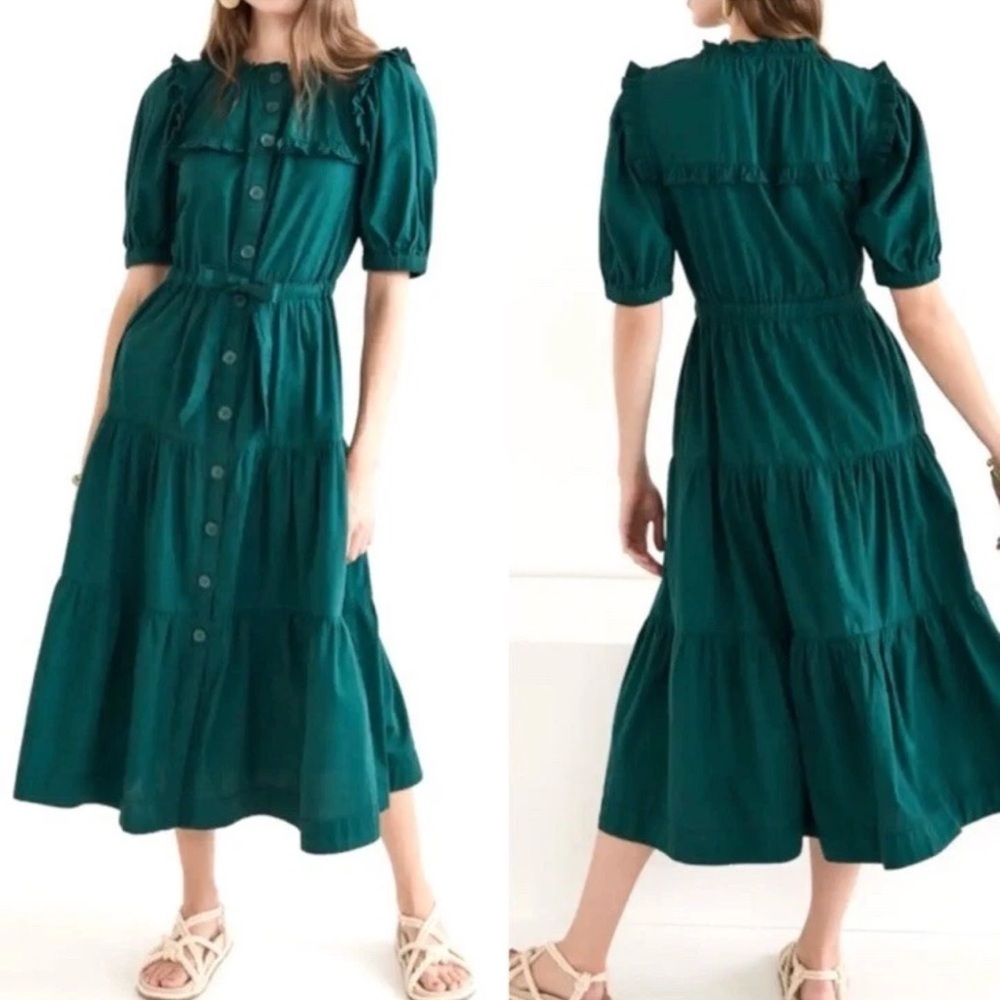 Sea NY Sibylle Solid Dress Forest Poplin Tiered Skirt Ruffle Pockets Small